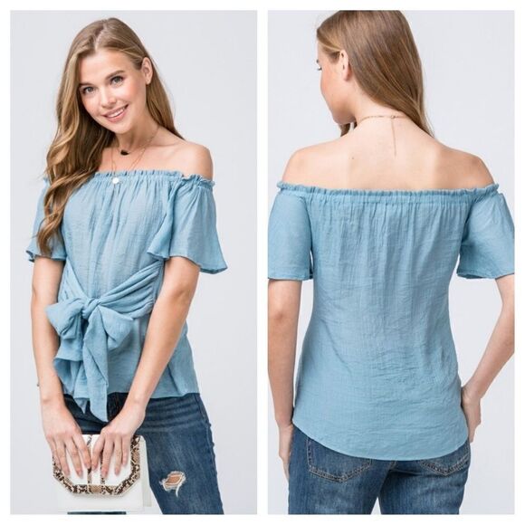 Bow Tie Front Off the Shoulder Dusty Blue Blouse - Picture 1 of 3
